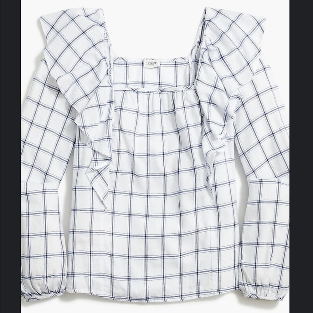 J.Crew White and Navy Checkered Ruffle Blouse